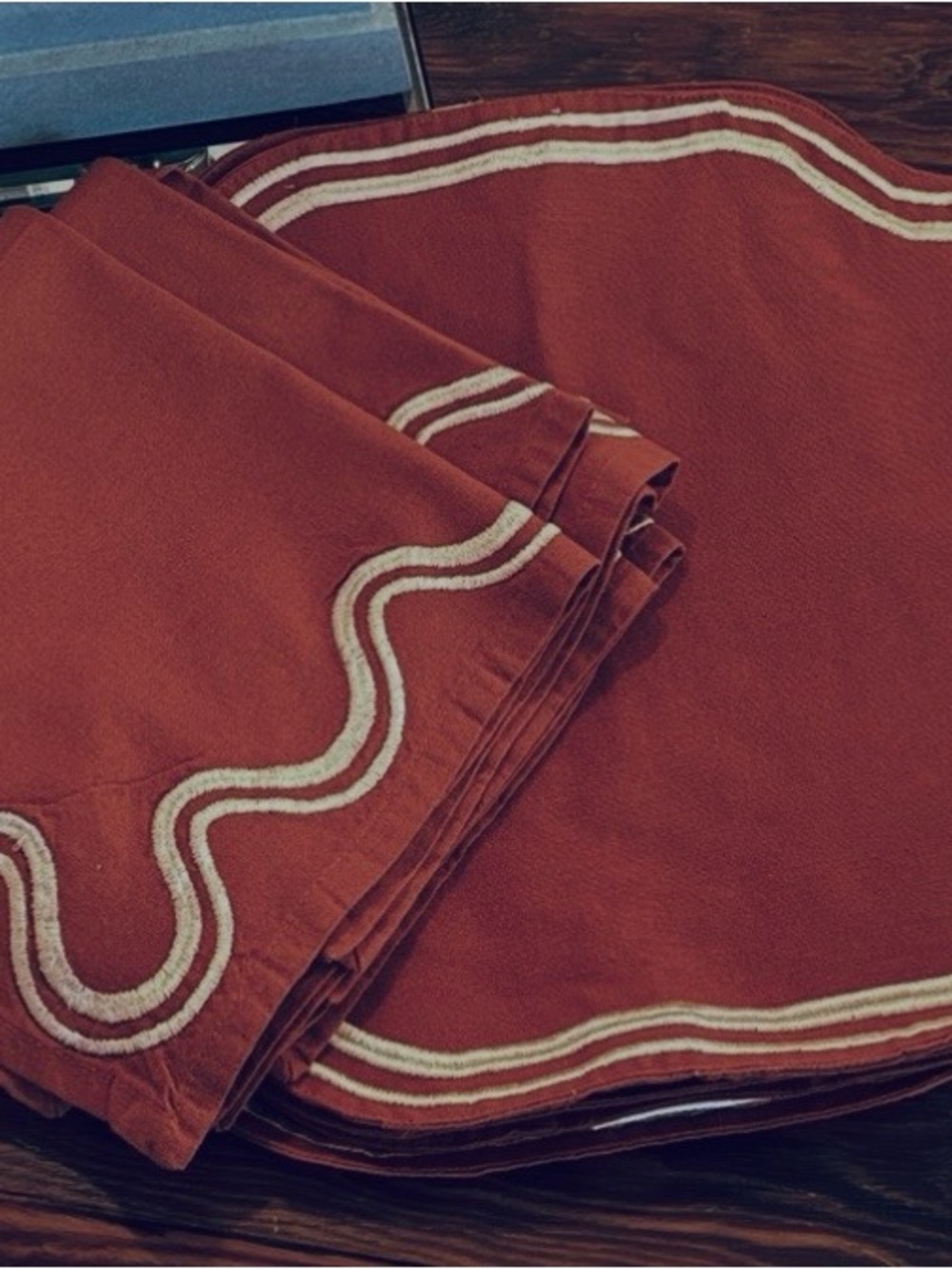 Anthropologie Orange Scalloped Table Linens with Cream Trim